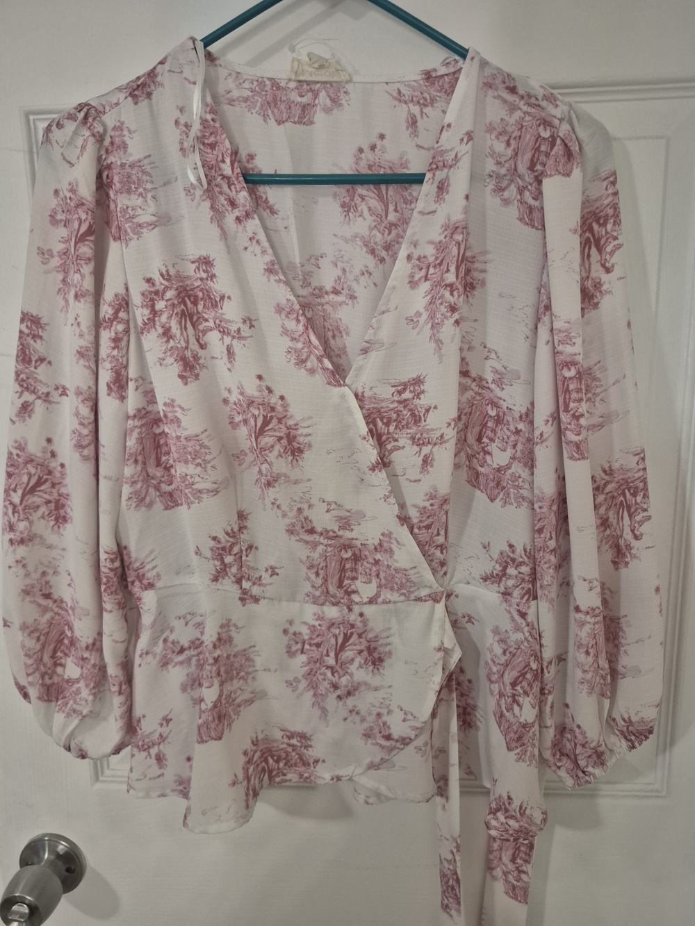 NWOT Meraki Cream Wrap Blouse with Pink Toile Print